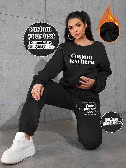 Autumn And Winter, Two Pieces Custom Women's Sweatshirts And Jogging Drawstring Sweatpants Custom-Add Your Text Photos (Landscape/Badge/Couple Photos/Family Photos/Selfies/Pets), Choose Your Favorite Colors And Fonts, Design Your Own Personalized Printed Long Sleeves, Long Pants Suits Custom, Anniversary Gifts, Halloween