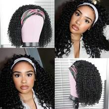 Headband Wig Deep Wave 12 Inch Headband Wig Curly Hair Glueless Hair Wigs Machine Made No Lace Afro Kinky Curly Black Hair Wigs With Headbands Attached Headband Wig For Women - 黑色 - 查看 5