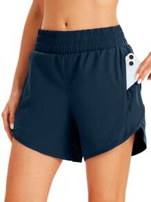 Athletic Running Shorts For Women With Zipper Pocket 5" High Waisted Quick Dry Workout Gym Shorts With Liner - Navy - View 1