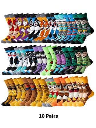 10 Double Women's Fashion Cartoon Pattern Round-Neck Socks, Comfortable, Casual, Street Style, Unisex Socks, Suitable For Men's Outdoor Wear In All Seasons, Unisex, Suitable For Men's Sports And Casual Wear, Suitable For Teenagers