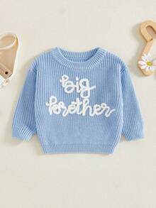 Toddler Boys Knitted Jumper Big Bro Letter Embroidery Round Neck Pullover Sweater Baby Warm Knit Tops Pullover Knitwear - 天藍 - 查看 1