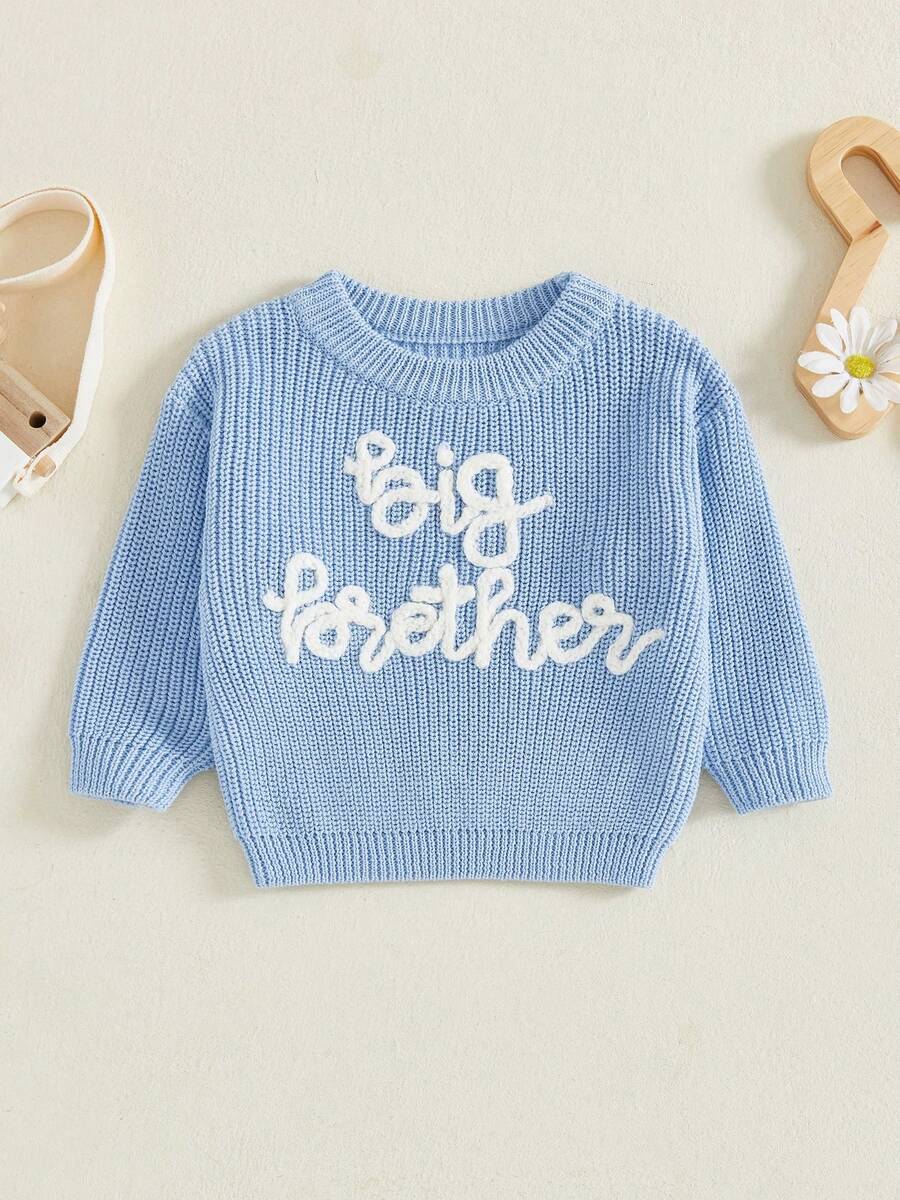 Toddler Boys Knitted Jumper Big Bro Letter Embroidery Round Neck Pullover Sweater Baby Warm Knit Tops Pullover Knitwear - 天藍 - 查看 1