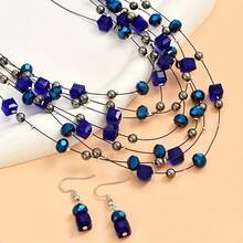 3PCS/Set Bohemian Multi-Layered Necklace Earrings Set Beads Jewelry Set Block Mix And Match Necklace Women's Wedding Beach Banquet Party Clothing Accessories Mother's Day Valentine's Day Wedding Anniversary Birthday Gift Halloween Christmas Gift - 藍色 - 查看 2