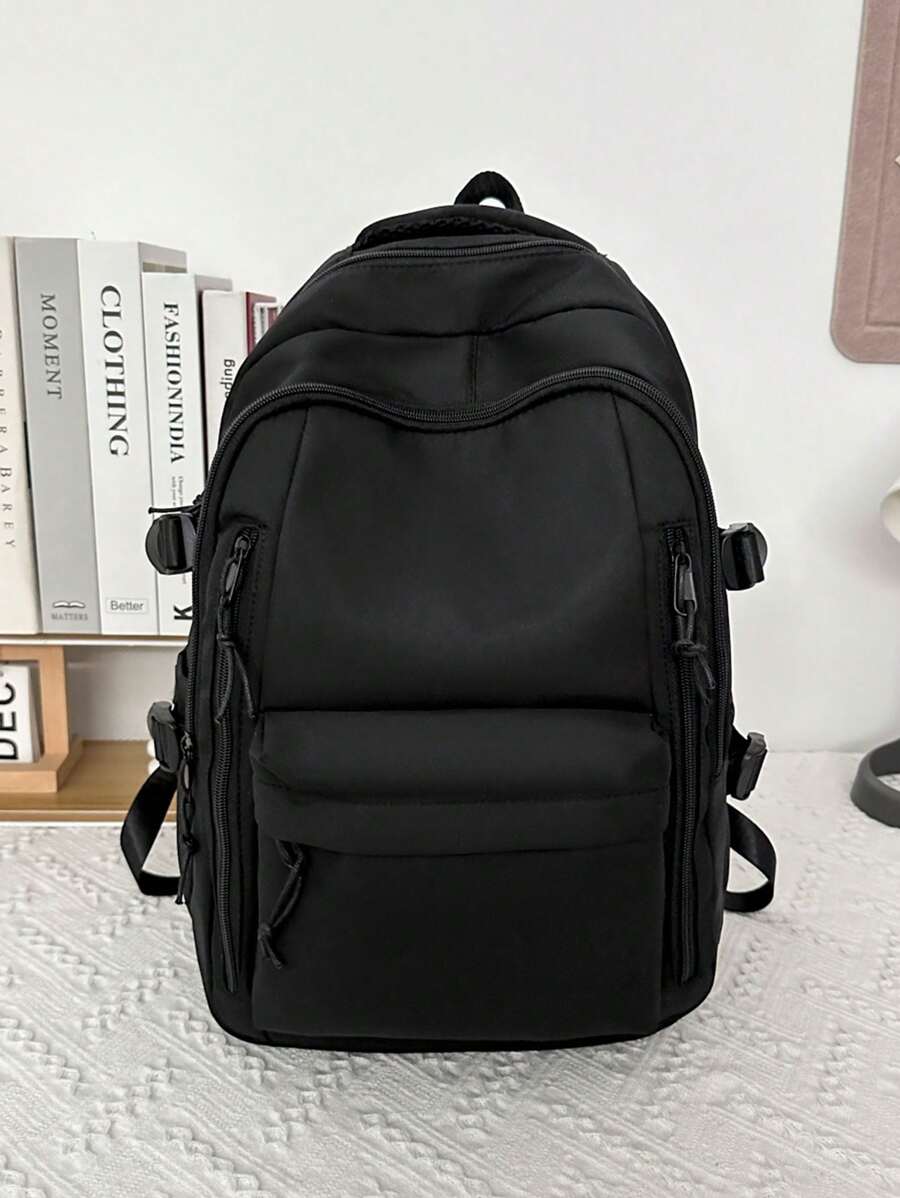 时尚女士背包，多隔层口袋设计，加厚耐用，学生背包，多功能背包，休闲背包，大容量旅行背包 - 黑色 - 查看 1
