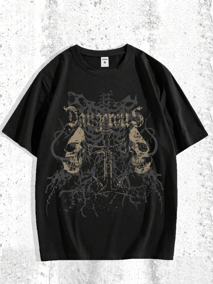 BOY's Gothic Skull &Amp; Crossbones Print T-Shirt - Streetwear Style 100% Cotton Blend, Breathable Regular Fit Short Sleeve Tee For Summer Spring Outdoor Fitness &Amp; Casual Wear - màu đen - Xem 1