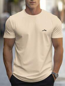 Men's Round Neck T-Shirt Mesh 30.1 100% Cotton Blouse Slim Various Colors Offer Immediate Shipping Mountain Print - 卡其色 - 查看 1