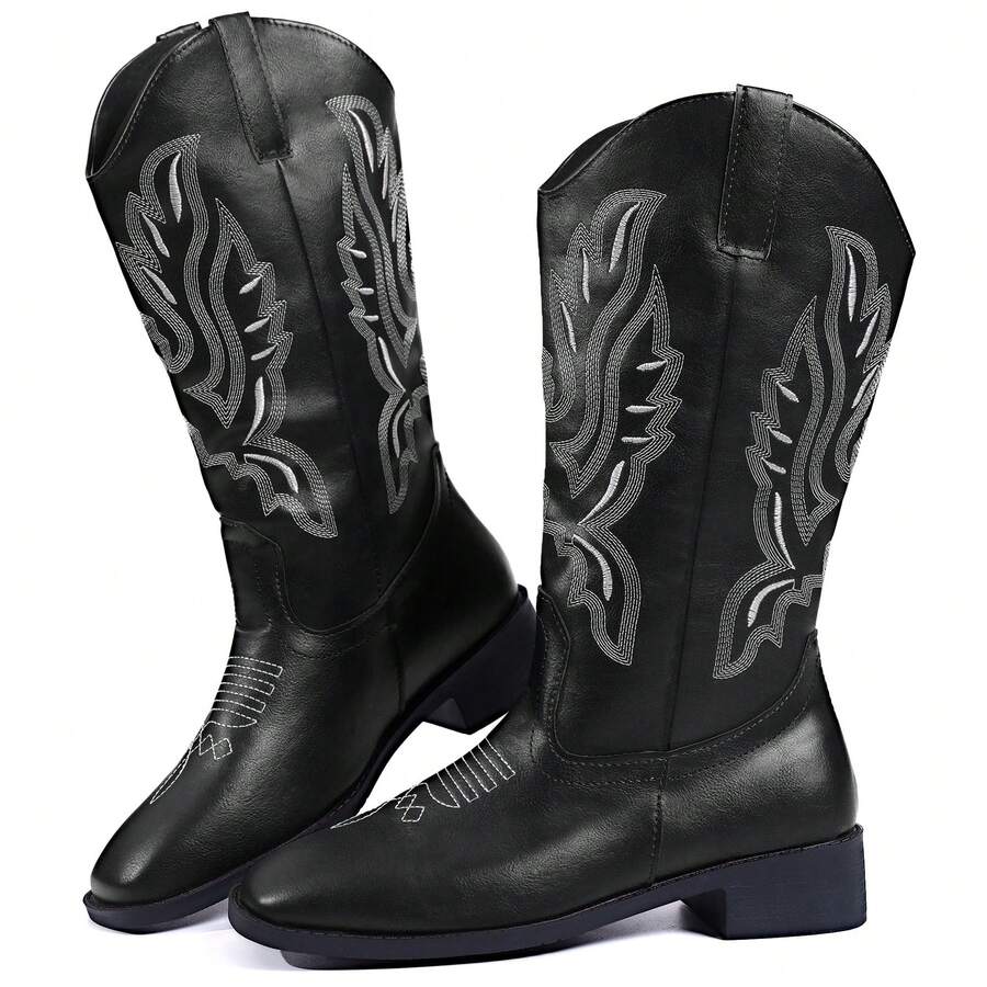 2026 Womens Fold Over Boots Knee High Boots For Winter, Autumn,Pointed Toe High Heel Boots.Black Cowboy Boots For Women,Pointed Toe Embroidery Western Boots,Women's Winter Boots.Women's Thick Soled Cowboy Boots,Chunky Heels Casual Comfortable Mid Calf Boots For Daily Wear. - 黑色 - 查看 1