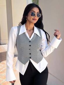 EMERY ROSE Áo sơ mi họa tiết răng sói mùa thu dành cho nữ - Đen và trắng - Xem 1