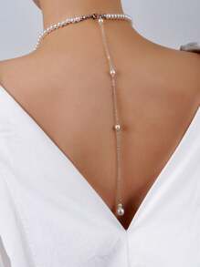 1PC Sexy Faux Pearl Silver Tassel Back Chain Is For Women, The Elegant Faux Pearl Y-Shaped Long Necklace Is For Women, The Fashionable And Pure White Wedding Party Jewelry Is For Women, The Back Chain Suitable For Women To Wear With Evening Gowns And Skirts, And For Women To Wear At Parties