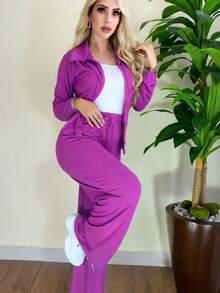 ✨ ¡CONJUNTO ELEGANTE Y CÓMODO DISPONIBLE ! ✨  ¿Buscas estilo sin complicarte? ‍♀️ Este conjunto de blusa manga larga con botón + pantalón a juego es la combinación perfecta entre elegancia y comodidad - Morado - Ver 2