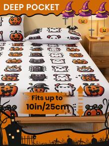 1 件万圣节床笠、床上用品、床垫保护套、床罩、床单、舒适家纺、透气床垫保护套、不给糖就捣蛋、柔软舒适、整洁百搭、卡通图案床罩、万圣节房间装饰