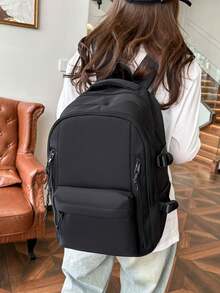 时尚女士背包，多隔层口袋设计，加厚耐用，学生背包，多功能背包，休闲背包，大容量旅行背包 - 黑色 - 查看 7