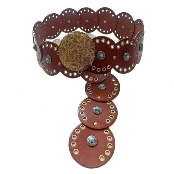 Cinturón de cuero hecho a mano estilo bohemio vintage - Decoración de metal con patrón intrincado y acentos de turquesa, pieza de declaración de estilo para atuendos de moda y festivales