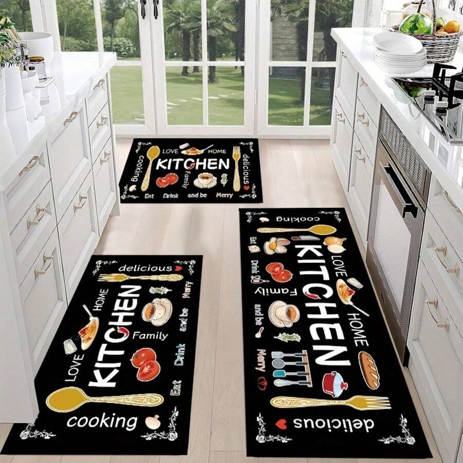 1/3 piezas Juego de alfombras de cocina, alfombra de poliéster tejida antideslizante, lavable a máquina, alfombra rectangular ligera con diseño de comida y vajilla, adecuada para dormitorio, sala de estar, comedor, cocina, baño