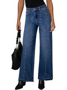 EVALESS Womens Jeans High Waist Straight Leg Wide Leg Frayed Baggy Hem Boyfriends Stretchy Pants