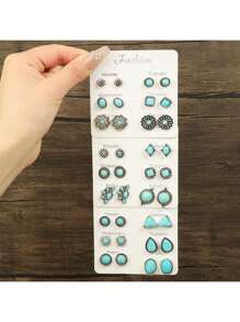 6 Pairs Boho Style Turquoise, Arrow, Heart, Flower Pattern Earring Set - Turquoise 6-piece Set - View 13