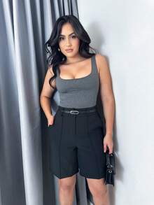 Women's Bermuda Shorts Tailored Social S To XL LARGE SHAPE THE PIECES Simple Elegant Casual Fabric With Belt Pocket Button Short Bermeda Daily Holiday Night - 黑色 - 查看 1