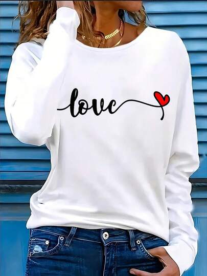 Camiseta de manga larga con cuello redondo y talla grande para mujer, camiseta con eslogan de amor, adecuada para uso diario en otoño e invierno, camisetas gráficas para mujer