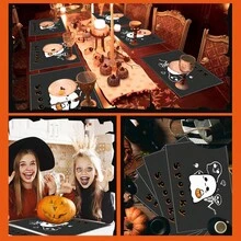 1 pieza/4 piezas/6 piezas Manteles individuales de lino con estampado de fantasmas, Halloween, regalo de Halloween, adecuado para mesa de comedor, decoración para todas las estaciones, manteles individuales lavables, decoración de habitación, manteles individuales, posavasos, manteles de mesa de cocina y comedor, decoración de fiesta interior y exterior, decoración del hogar, regalo ideal
