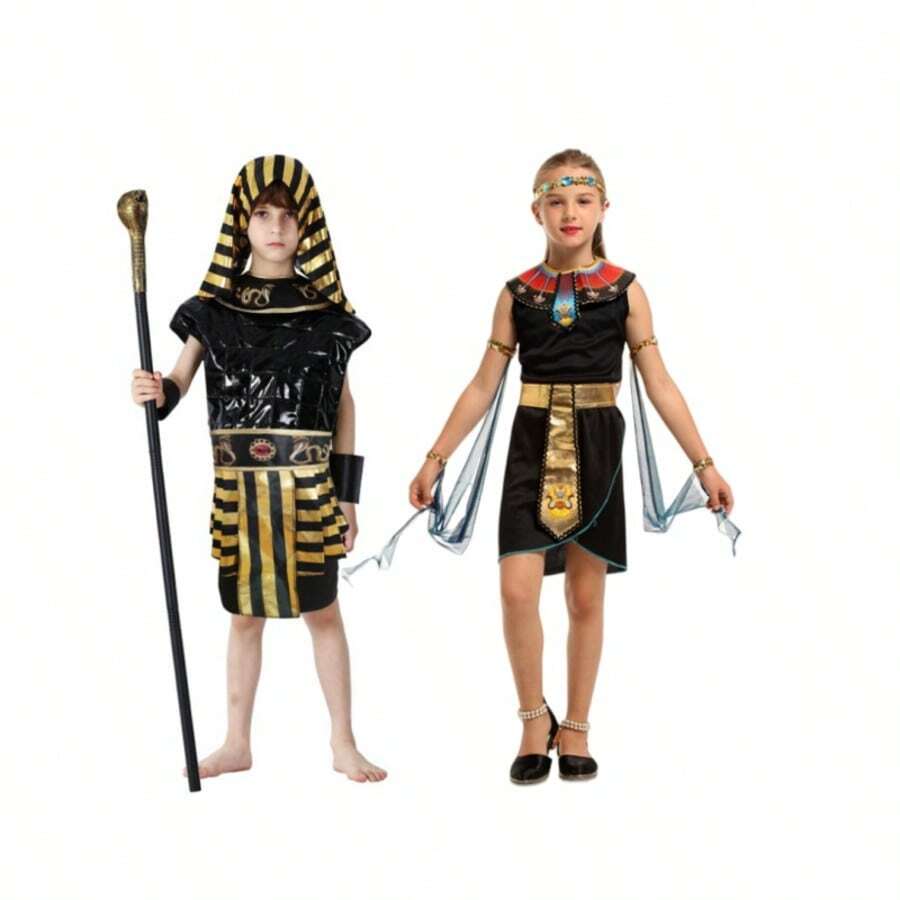 儿童埃及法老角色扮演服装套装，古埃及法老万圣节服装（男孩和女孩适用），金字塔主题派对装扮