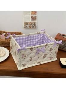 1 pieza/2 piezas Cesta de almacenamiento con lazo lindo, cesta de almacenamiento de artículos varios para escritorio, cesta de almacenamiento de lápiz labial, brochas de maquillaje y productos de cuidado de la piel, para organización y almacenamiento en el escritorio, dormitorio, sala de estar, cesta de almacenamiento para artículos varios