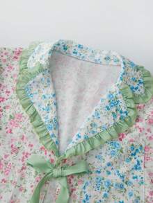 Women Floral Pajama Set, Short Sleeve Tie-Up Shirt With Shorts Daily Sleepwear Loungewear - 彩色 - 查看 6