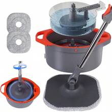 Spin Mop And Bucket Set With Separate Dirty And Clean Water, 360 Self Cleaning Mop And Bucket System With Widened Foldable Handle, 2 Replaceable Mop Pads, Square Mops For Floor Tile Marble Wall Cleaning - 灰色和橙色+2個墊子 - 查看 1