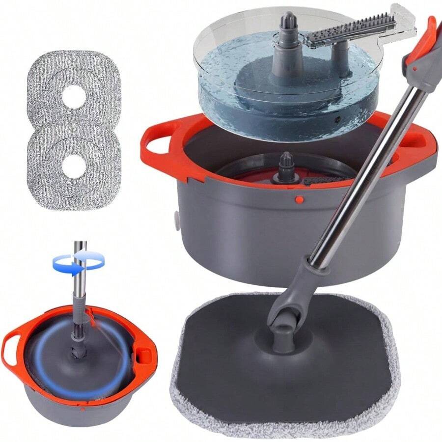 Spin Mop And Bucket Set With Separate Dirty And Clean Water, 360 Self Cleaning Mop And Bucket System With Widened Foldable Handle, 2 Replaceable Mop Pads, Square Mops For Floor Tile Marble Wall Cleaning - 灰色和橙色+2個墊子 - 查看 1