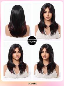 Confident And Generous 18-Inch Red Highlight Black Medium To Long Hair With Bangs,Heat-Resistant Synthetic Wigs For Women,Suitable For Work, Daily Life, And Gatherings - Red Highlight - View 8