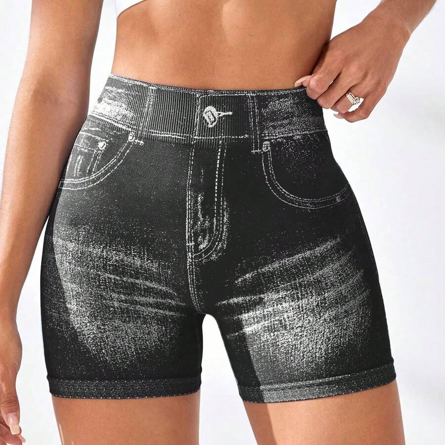 Women's V Back Workout Shorts, Denim Print High Waisted Shorts Stretchy Scrunch Slim Fit Yoga Biker Jegging Butt Lifting Sports Fitness Yoga Pants - màu đen - Xem 1
