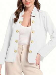 Women's Casual Office Commute Double-Breasted Solid Color Blazer Cardigan, Long Sleeve, Autumn White Spring - White - View 5