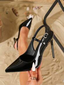 Women's Black Pointed Toe Single-Strap Stiletto High Heels, Elegant & Sophisticated For Wedding, Party, Versatile And Comfortable - Black - View 2