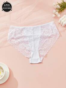 4 sztuki jednokolorowych, seksownych, koronkowych, wyciętych, półprzezroczystych damskich spodni plus size z trójkątną talią, dojrzałego uroku, retro, francuskiej, romantycznej, słodkiej bielizny, swobodnych i wygodnych, lekkich, miękkich, jedwabistych, całorocznych majtek, odpowiednich do domu, podróży, na imprezy, na prezenty