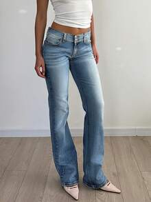 跨境女装四季复古气质宽腰头排扣修身低腰水洗紧身牛仔裤休闲辣妹简约百搭女牛仔裤 - 中等水洗藍 - 查看 4