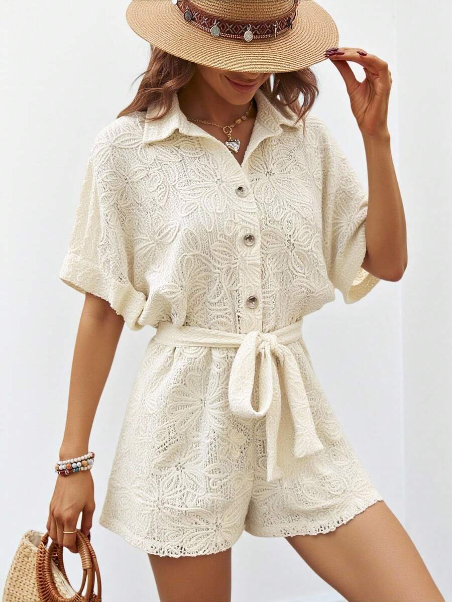 EMERY ROSE Women's Solid Color Short Sleeve Jumpsuit, Simple Casual Everyday Wear, Lapel Open Placket And Waist Tie, Solid Color Hollow Textured Fabric, Suitable For Vacation And Daily Wear, Spring/Summer - Multicolor - View 1