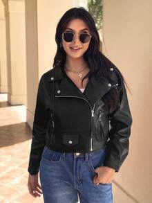 EMERY ROSE Zip Pocket Flap Detail PU Moto Jacket - Black - View 3