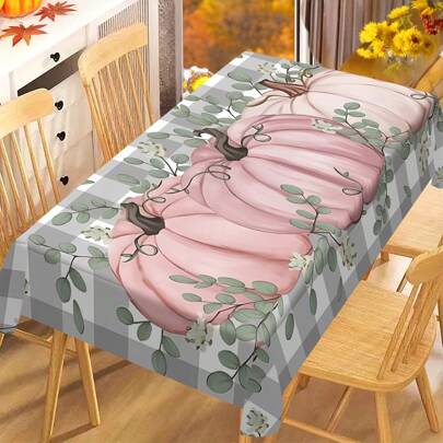 1/20pcs Autumn Thanksgiving Tablecloth, Classic Gray And White Plaid Background Embellished With Pink Pumpkin Pattern Autumn Tablecloth, Thanksgiving Decoration, Very Suitable For Coffee Table, Dining Table, Party And Kitchen, Desktop Decoration | Thanksgiving Decoration | Durable Tablecloth