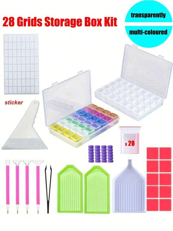28 Compartments Plastic Organizer And Diamond Painting Tools Accessories Set Combination 5D DIY Diamond Embroidery Mosaic Tools Kit Diamond Pen 3/6/9 Heads Diamond Tray Adhesive Fixing Diamond Corrector