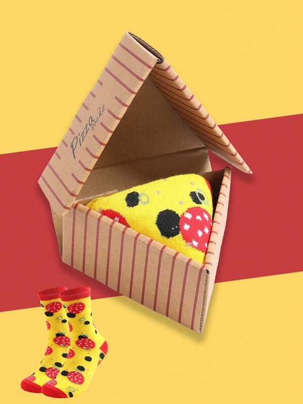 1 Par de Calcetines únicos e interesantes con diseño de caja de pizza, calcetines de media caña unisex con patrón de rayas de colores, diseño creativo inspirado en comida, estilo de calle vintage y elegante, cómodos, adecuados como regalo de cumpleaños/Acción de Gracias/Halloween/Navidad, suministros para fiestas, uso en vacaciones/exteriores/oficina, para todas las estaciones