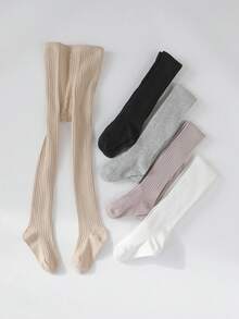 5pcs Girls' Solid Color Vertical Striped Leggings, Minimalist Versatile Girls' Tights, Suitable For Daily Wear, Pair With Skirts And Shoes