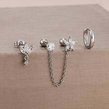 Set de 3 piezas de aretes de aro abrazador con flores de circonita chapadas en oro de 18K, aretes de cartílago Helix Daith de doble orificio con cadena, regalo de joyería para niñas - Flor3 - Ver 13