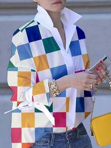 2025 Summer Spring Contrast Color Women'S Button Blouse Casual Asymmetrical Stand Collar Plaid Tied Long Sleeve Shirts For Women Office Tops - 彩色 - 查看 2
