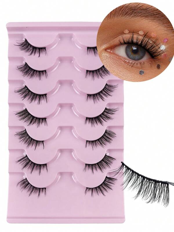 7 pares de pestañas postizas medias naturales de color negro con banda, pestañas de gato puntiagudas a prueba de agua, pestañas postizas de visón falso con efecto wispy, pestañas postizas reutilizables con puntas, extensiones de pestañas como regalo para mujeres y niñas
