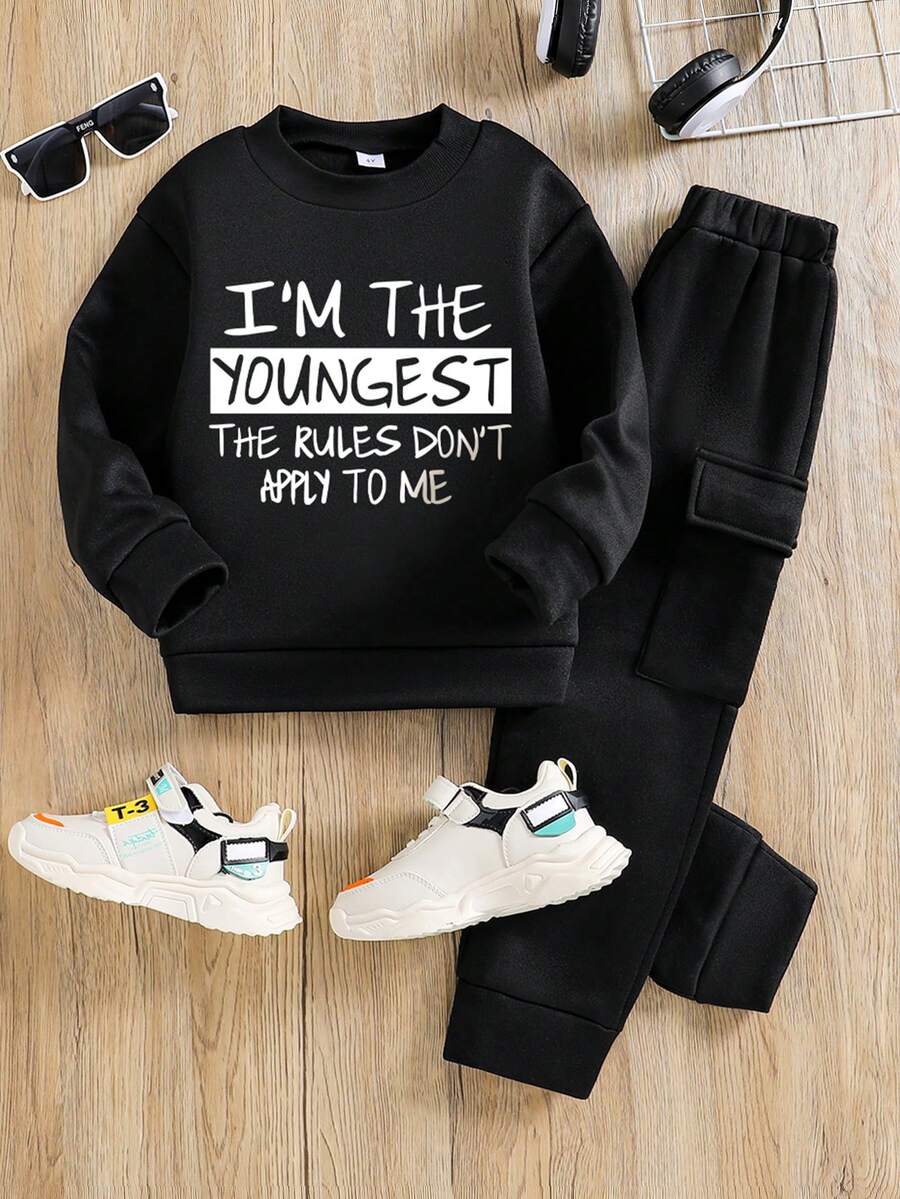 Toddler Letter Print Warm Crew Neck Sweatshirt And Pants Set - Black - View 1
