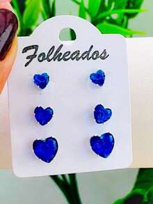 Women's Earring Trio Kit With 3 Pairs Of Stones In Various Colors And Zirconias - Navy Blue - View 2
