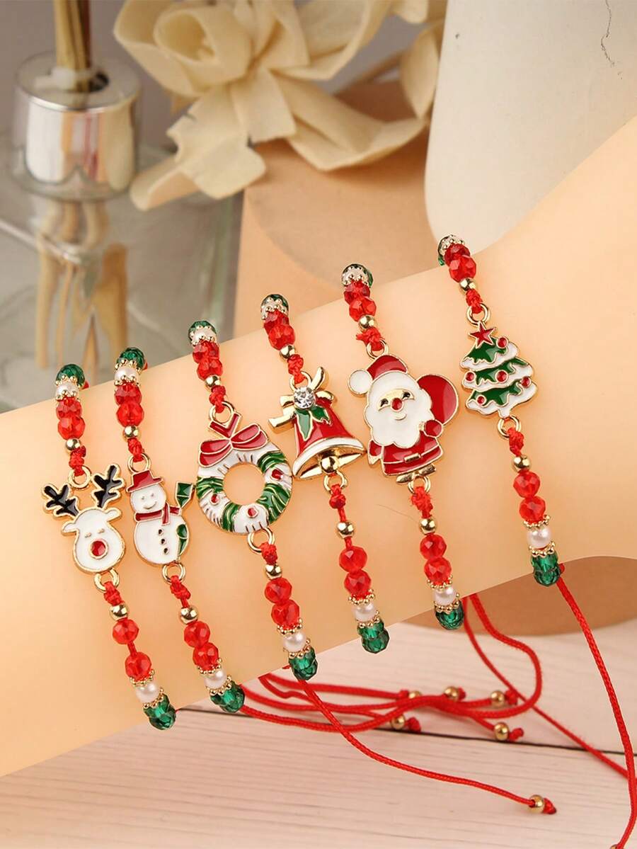 6 件圣诞元素卡通可爱手链套装，包括圣诞老人、圣诞树、驯鹿、雪人、铃铛、手工串珠手链，非常适合圣诞节佩戴和送礼 - 金色 - 查看 1