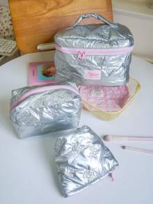 1 件银色蝴蝶结化妆包化妆包化妆包便携式手柄大容量化妆包带拉链，适用于旅行和度假必需品，用于卫生巾、袋垫、有线耳机、耳机、充电器、口红、化妆品、香水、化妆刷架收纳袋、护肤和美容产品，适用于女性、学生、女学生、钥匙、节日礼物返校礼物旅行必需品包，用于学校用品女士旅行包 - 銀色 - 查看 3