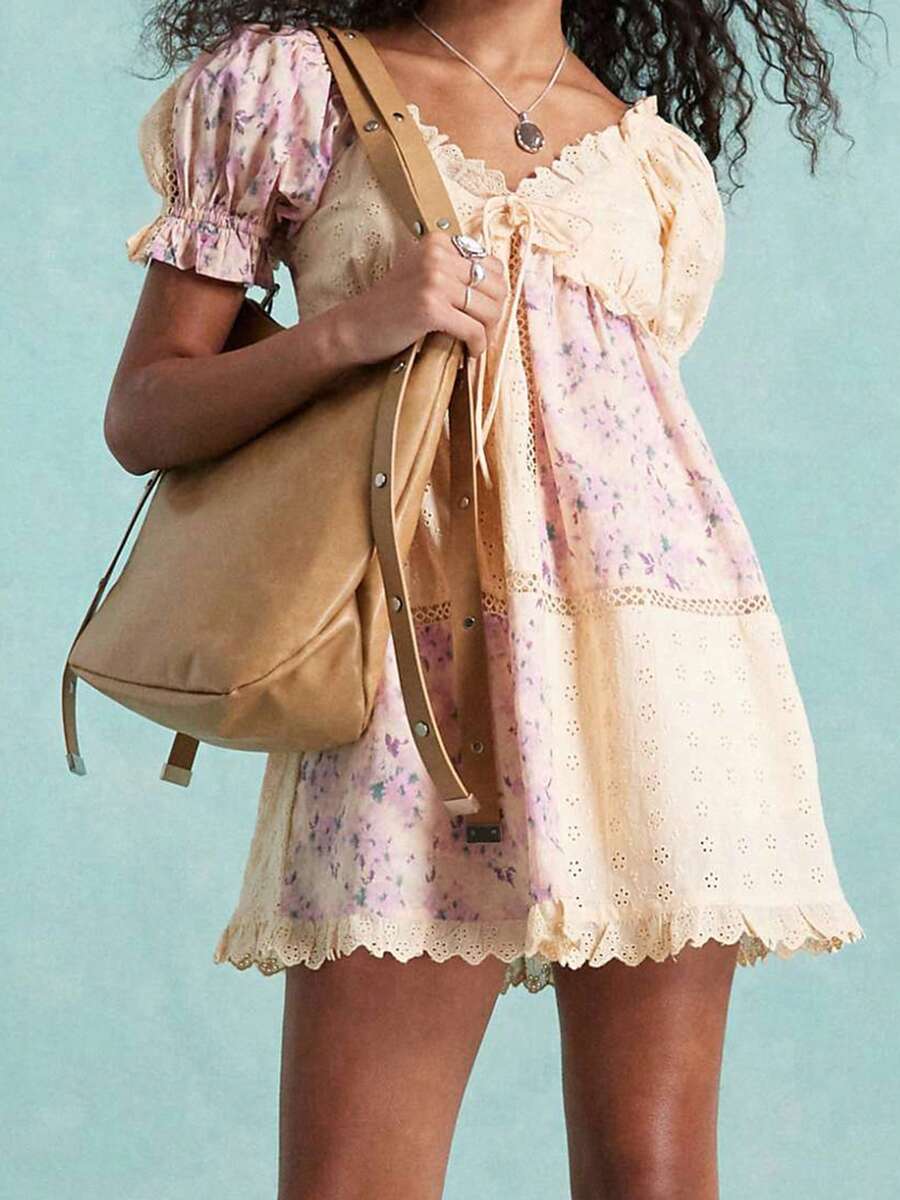 Women's Floral Print Maternity Dress Bow Tie Front Ruffled Trim V Neck Short Sleeve A-Line Mini Dress For Spring/Summer - 紫色 - 查看 1