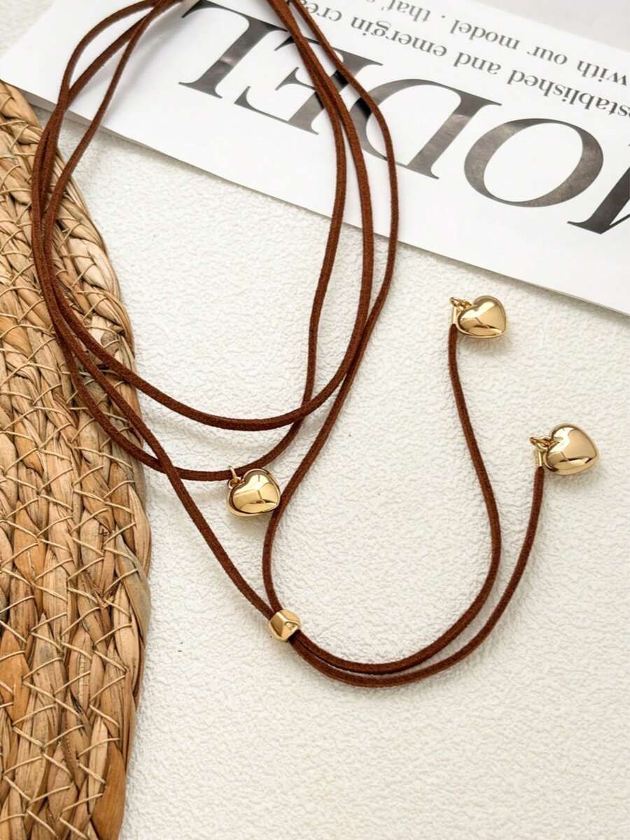 1pc Multi-Layer Leather Rope Heart Necklace Choker, Short Necklace, Sweet & Cool Layered Necklace, Suitable For Daily Wear - Heart - View 1