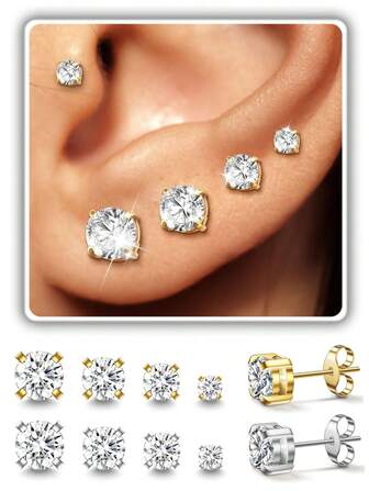 4Pairs Cubic Zirconia Earrings Studs For Women Men, Hypoallergenic Stainless Steel Studs Earrings 3-4-5-6mm Simulated Diamond Round CZ Ear Stud Set For Multiple Piercing